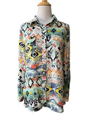 NEW DIRECTIONS ABSTRACT PRINT LONG SLEEVE BUTTON DOWN SHIRT MULTICOLOR SIZE S